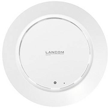 Ein runder, weißer WLAN-Router von LANCOM, montiert an einer Decke, mit einem LED-Statuslicht und Lüftungsschlitzen.