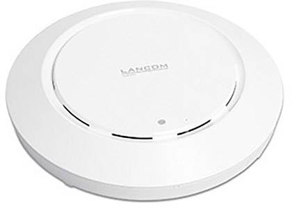 Rundes, weißes WLAN-Zugangsgerät mit zentralem Logo und kleiner LED-Anzeige, geeignet für die Deckenmontage in Innenräumen.