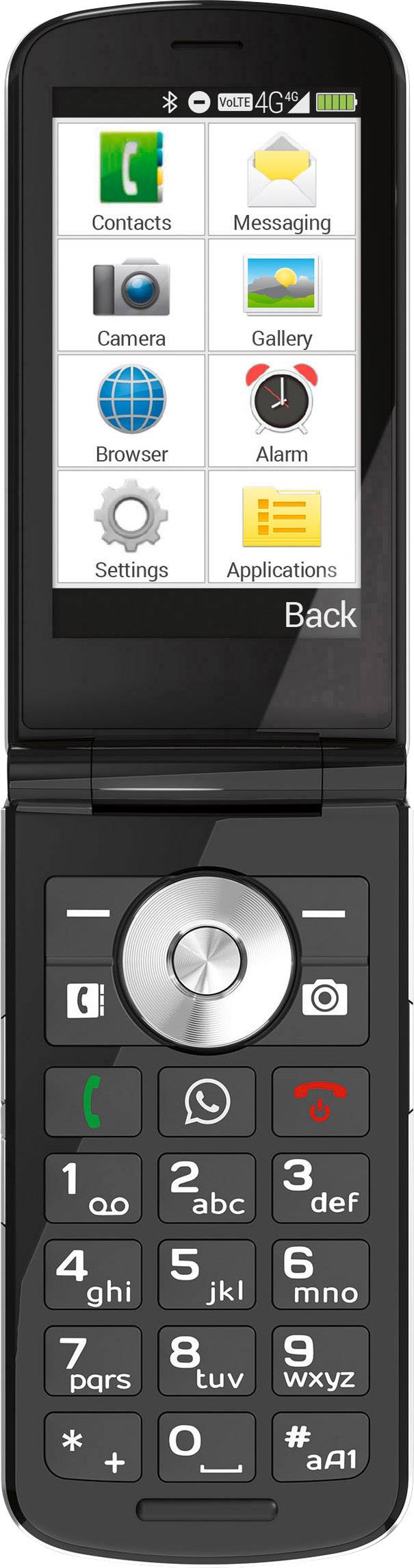 Ein schwarzes Klapphandy mit farbigem Display. Das Display zeigt Symbole für Kontakte, Nachrichten, Kamera, Galerie, und mehr. Die Tasten sind groß und nummeriert.