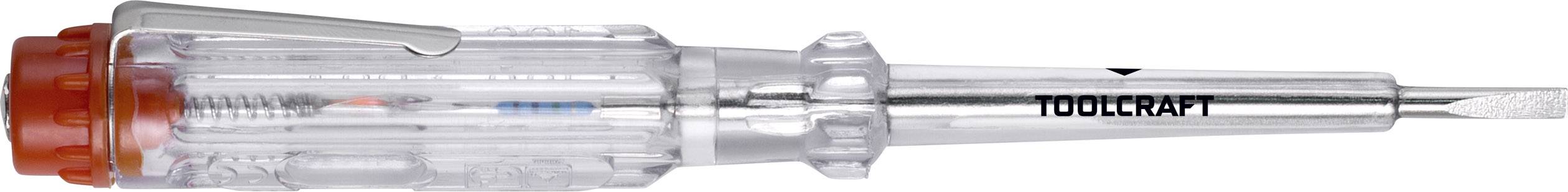 Ein transparenter Spannungsprüfer mit rotem Schaftende und Metallklemme, auf dem der Schriftzug 'Toolcraft' zu sehen ist.