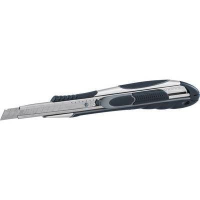 Ein silber-schwarz-graues Cuttermesser mit eingefahrener Klinge zeigt Präzisionsschneiden als Haupteigenschaft.