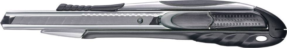 Ein silbernes Teppichmesser mit schwarzem Griff, geschlossen, auf weißem Hintergrund.