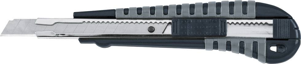 Schwarz-grauer Teppichmesser mit ausfahrbarer Klinge, seitlicher Führung und ergonomischem Griff, liegt auf weißem Hintergrund.
