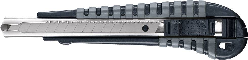 Ein schwarzes und silbernes Cuttermesser mit einer einstellbaren Klinge und einem geriffelten Griff für besseren Halt.