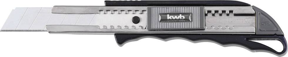 Ein silbernes Cutter-Messer mit schwarzem Griff, ausfahrbarer Klinge und dem Markennamen 'kwb' auf einer geriffelten Fläche.