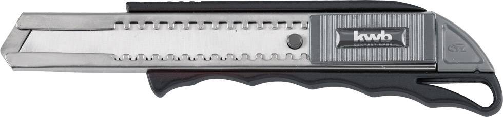 Ein graues Cuttermesser mit schwarzem Griff. Es hat eine ausfahrbare Klinge und einen Schieber zur Klingenverstellung.