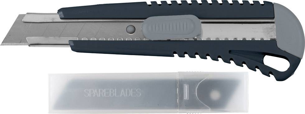 Ein graues Cuttermesser mit schwarzen Akzenten liegt neben einem transparenten Etui für Ersatzklingen.