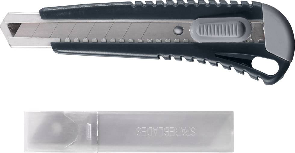 Ein graues Teppichmesser mit ausfahrbarer Klinge und schwarzem Griff, daneben eine Plastikbox mit der Aufschrift 'SPARE BLADES'.