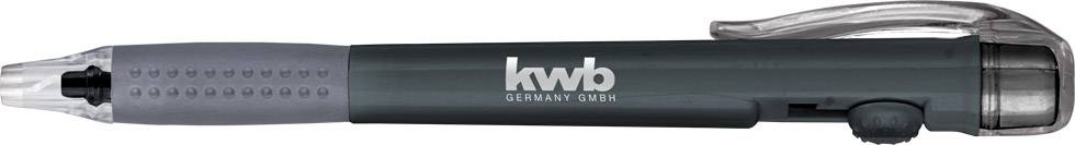 Ein schwarzer Multifunktionsstift mit Aufschrift 'kwb Germany GmbH', integrierter Kappenschraube und praktischem Griff.
