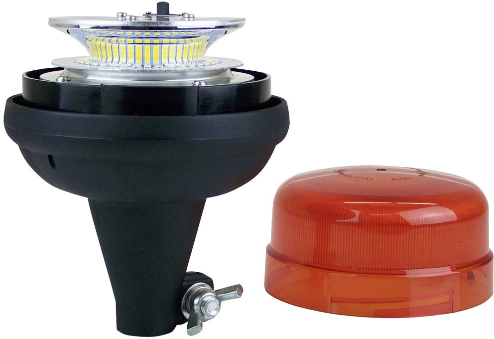 Ein LED-Befeuerungslicht und ein rotes Abdeckungsgehäuse. Das Licht hat eine Metallvorrichtung und einen schwarzen Sockel.