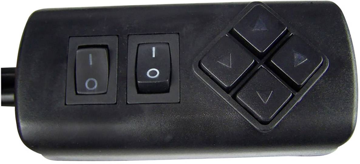 Eine schwarze Fernbedienung mit zwei Kippschaltern und vier Richtungstasten.