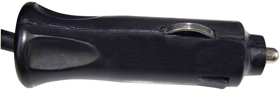 Schwarzer Autoladeadapter mit metallischem Clip und Steckverbinderspitze, verwendet für den Anschluss an einen Zigarettenanzünder im Auto.