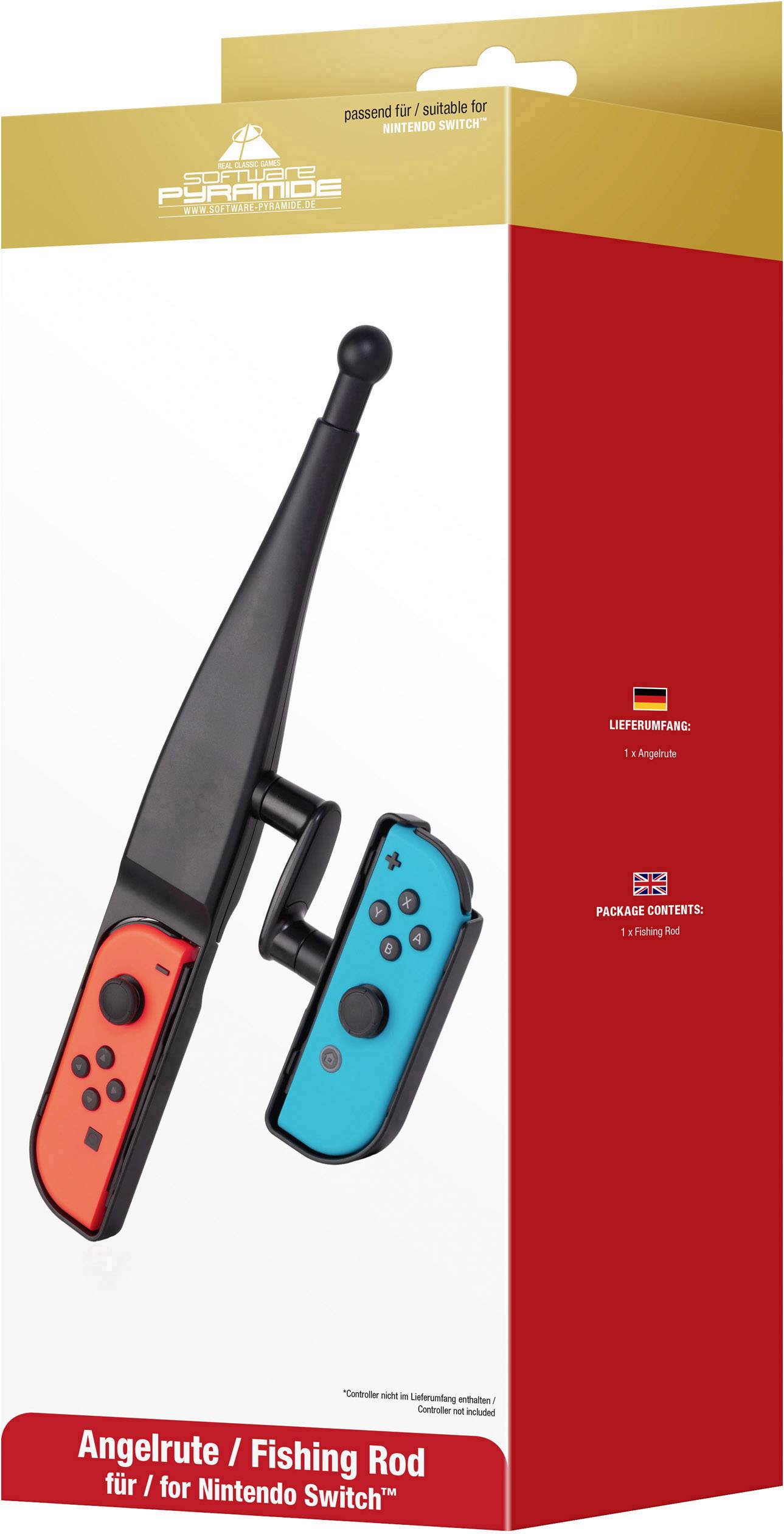 Verpackung eines Angelrutenzubehörs für die Nintendo Switch, enthält eine Anleitung. Abbildung zeigt Rute mit Joy-Con-Controllern.