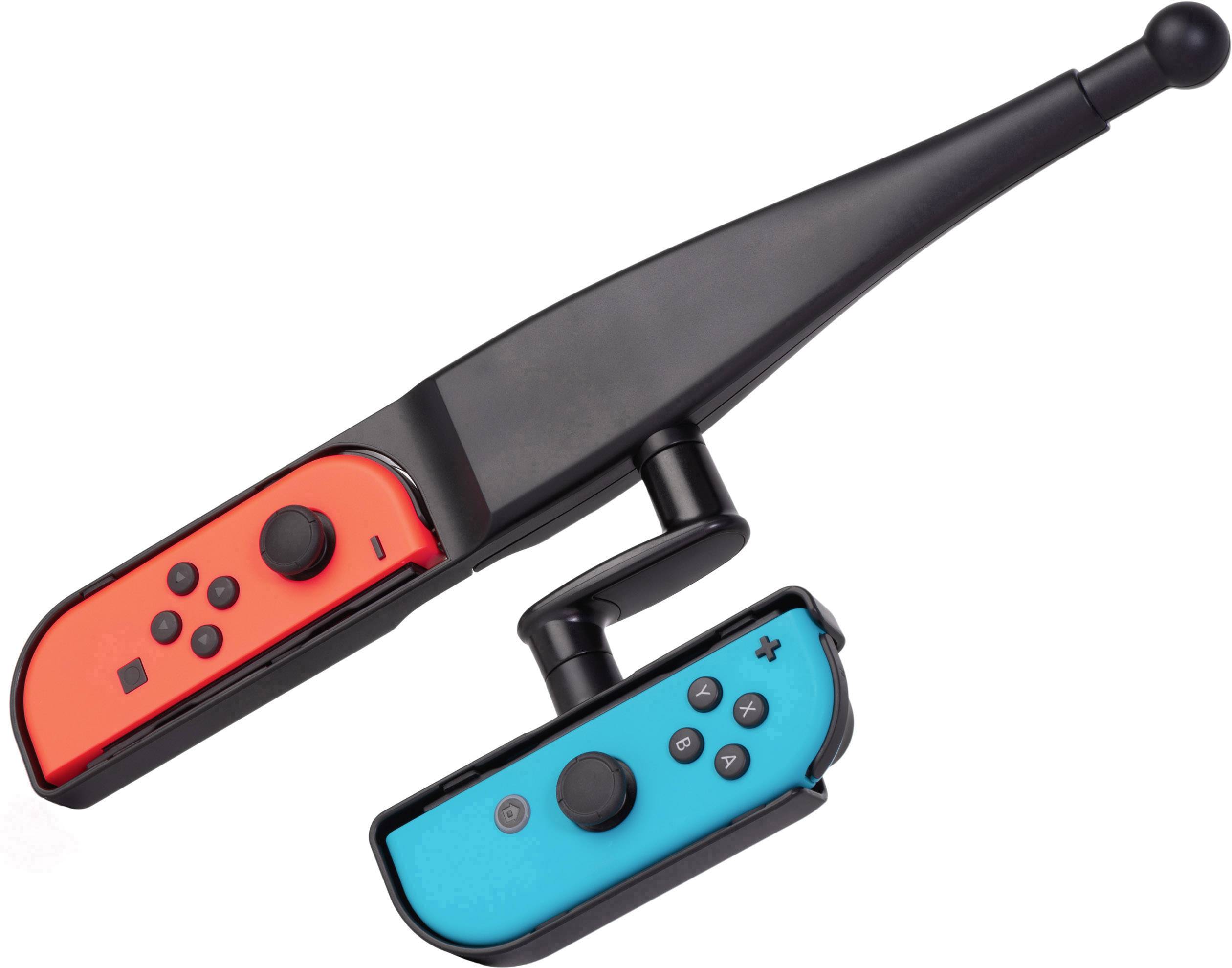 Zwei Joy-Con-Controller, einer rot und einer blau, sind an einer schwarzen Angelrute befestigt, die für ein Videospiel verwendet wird.