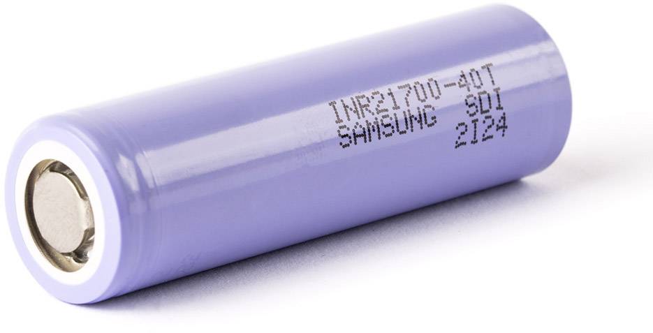 Lila zylindrische Batterie, Aufschrift 'INR21700-40T Samsung SDI 2124'.