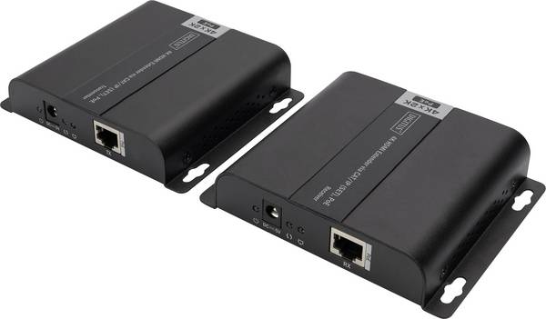 Digitus DS-55124 1 Port HDMI Extender Set Extender über Netzwerkkabel, Metallgehäuse, Ultra HD-fähig, mit Fernbedienung, mit Status-LEDs, mit eingebautem Netzwerk-Anschluss, zur Wandmontage 3840 x 2160 Pixel Schwarz