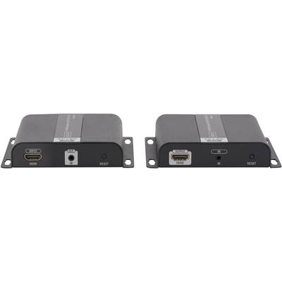 Zwei schwarze HDMI-Verstärker mit reset-Button, IR-Anschluss und HDMI-Ein-/Ausgängen; nebeneinander angeordnet.