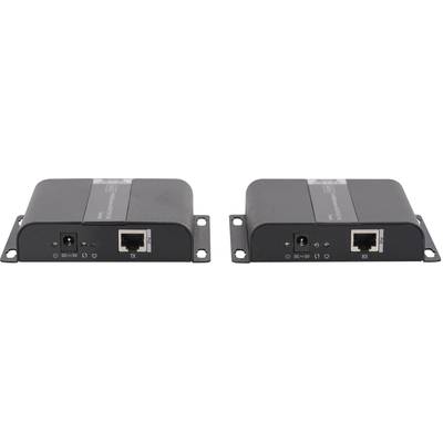 Zwei schwarze elektronische Geräte mit Ethernet- und Stromanschlüssen, nebeneinander auf einer weißen Fläche.