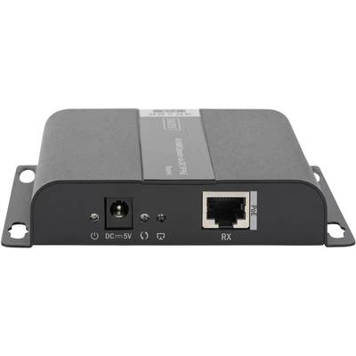 'Schwarzes elektronisches Gerät mit Anschlüssen: DC-Eingang, Audio und Ethernet-PoE-Anschluss. Beschriftung: RX (Empfänger).'