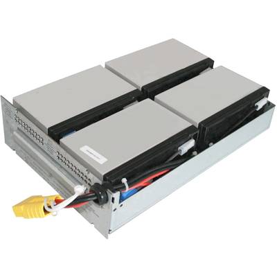 Ein Lithium-Ionen-Batteriemodul mit vier rechteckigen Zellen, die in einem Metallrahmen angeordnet sind, mit sichtbaren Anschlüssen.