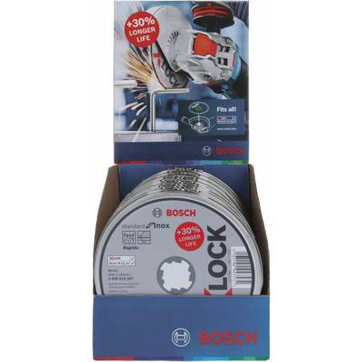 Bosch Schleifscheiben-Set in einer Verpackung. Highlight: 30% längere Lebensdauer. Oben: Bild einer Schleifmaschine in Aktion.