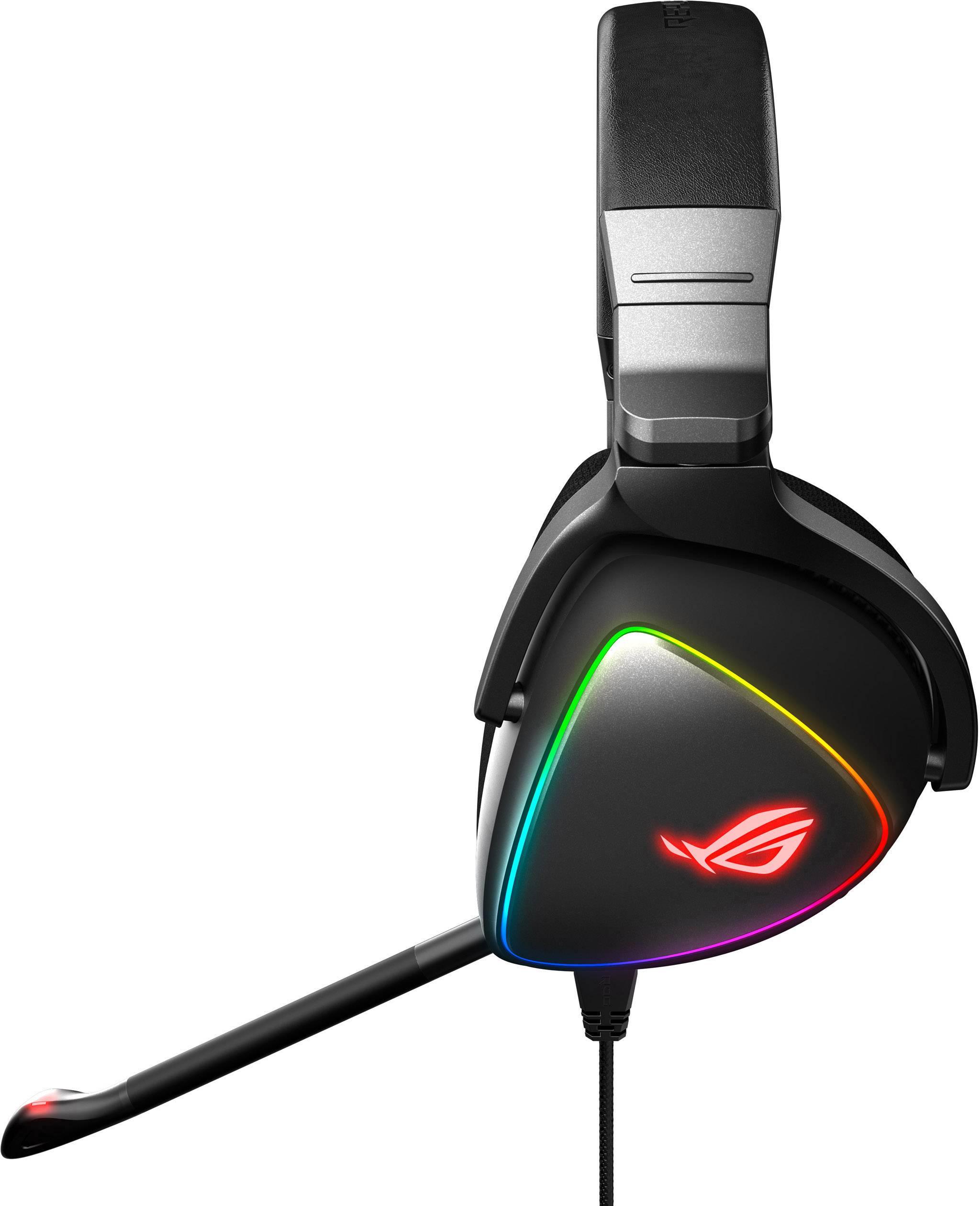 Ein schwarzes Gaming-Headset mit bunten RGB-Lichtern an den Ohrmuscheln und einem Mikrofonarm. Das Logo hat die Form eines stilisierten Auges.