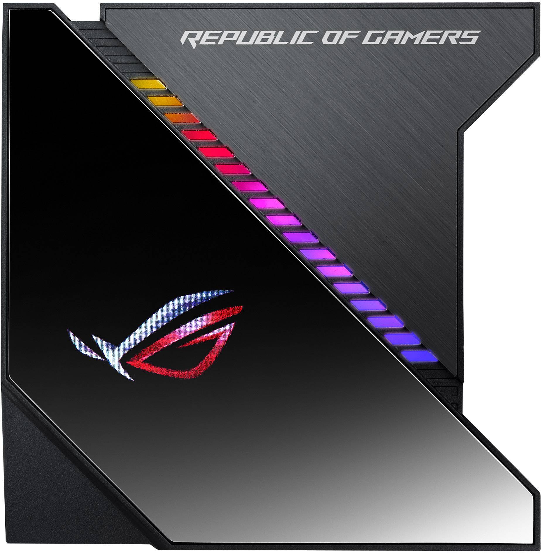 Ein Computer-Bauteil mit dem Logo und der Aufschrift 'Republic of Gamers', beleuchtet mit einem Regenbogeneffekt an der Seite.