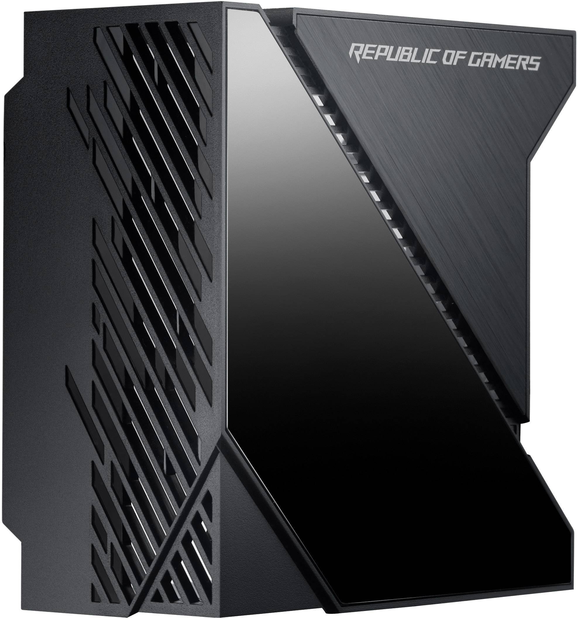 Schwarzes, futuristisch gestaltetes Gerät mit Lüftungsschlitzen und 'Republic of Gamers'-Schriftzug. Wahrscheinlich ein Gaming-Router.