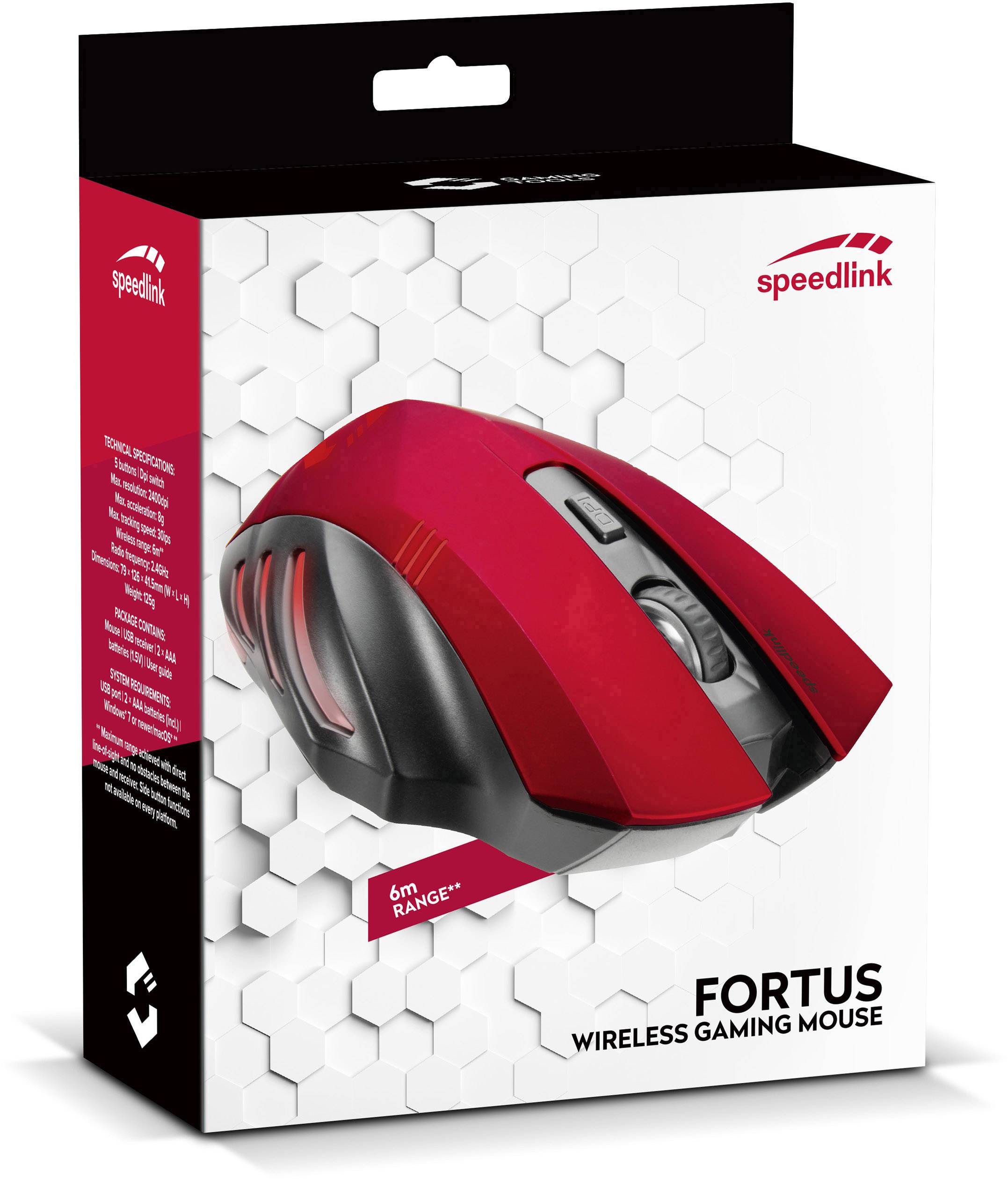 Draufsicht auf die Verpackung einer roten, kabellosen Gaming-Maus mit dem Markennamen 'Speedlink Fortus'.