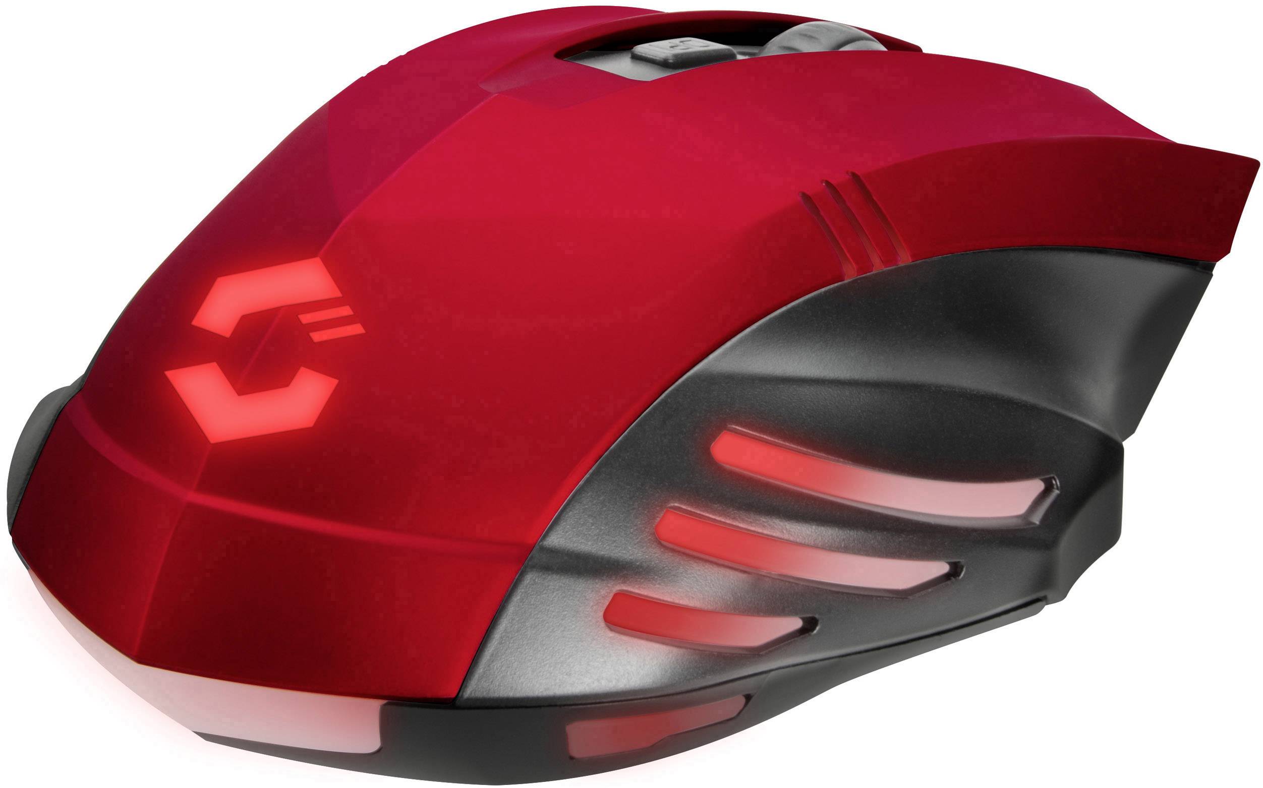 Rote, ergonomische Gaming-Maus mit leuchtenden LEDs und futuristischem Design.