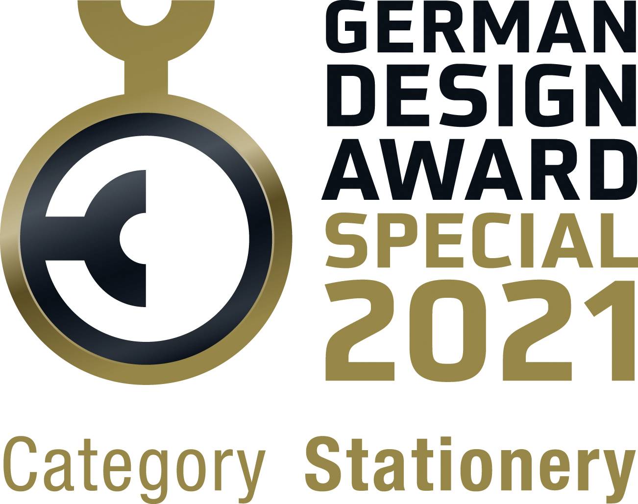 'German Design Award Special 2021' Logo in der Kategorie 'Stationery'. Ein stilisiertes Symbol begleitet den Text.