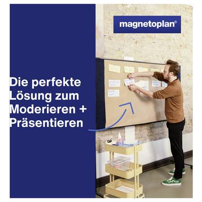 Werbemotiv von magnetoplan: Mann befestigt Notizen an einer Pinnwand; links steht 'Die perfekte Lösung zum Moderieren + Präsentieren'.