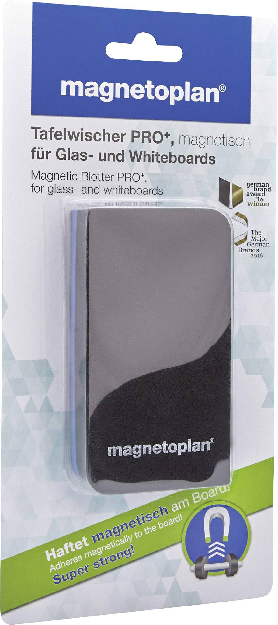'Magnetoplan Tafellöscher PRO+' – magnetischer Tafellöscher für Glas- und Whiteboards, verpackt in blau-weißer Verpackung.