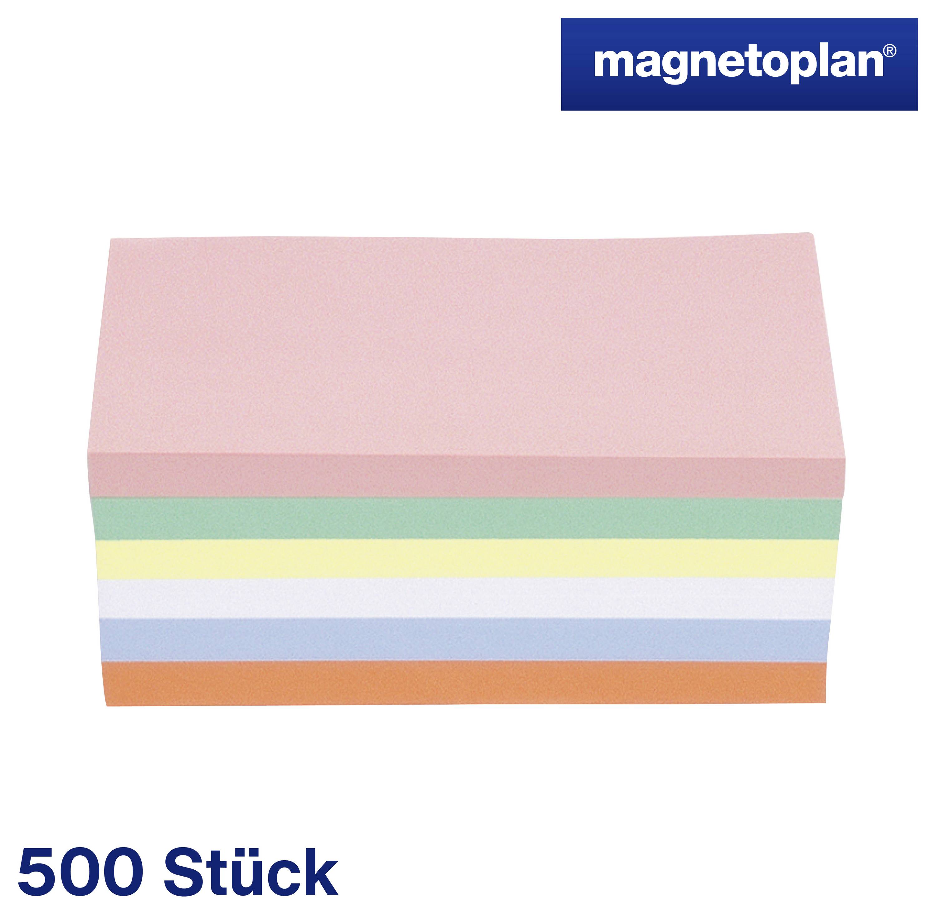 Blöcke aus buntem Papier in Pastellfarben, aufeinandergestapelt. Oben rechts das Logo 'magnetoplan'. Unten links steht '500 Stück'.