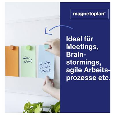 Werbung für magnetoplan: Hände heften Haftnotizen an ein Whiteboard; Text wirbt mit 'Ideal für Meetings, Brainstormings, agile Arbeitsprozesse etc.'<br>