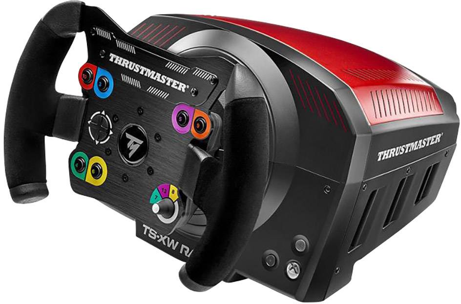 Ein schwarzes und rotes Gaming-Lenkrad von Thrustmaster mit mehreren Tasten und einem sportlichen Design für Rennsimulationen.