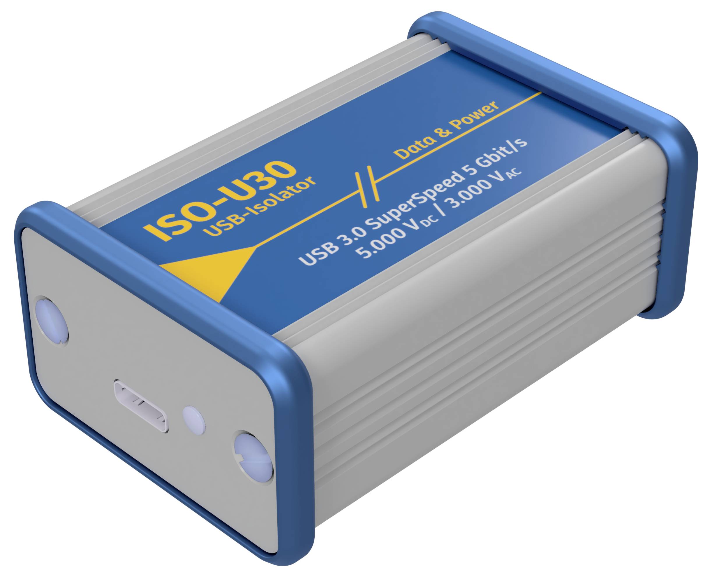 Ein silbernes Gerät mit blauen Kanten, beschriftet 'ISO-U30 USB-Isolator'. Text: 'Data & Power, USB 3.0 SuperSpeed5 Gbit/s, 5.000V, 3.000V'.