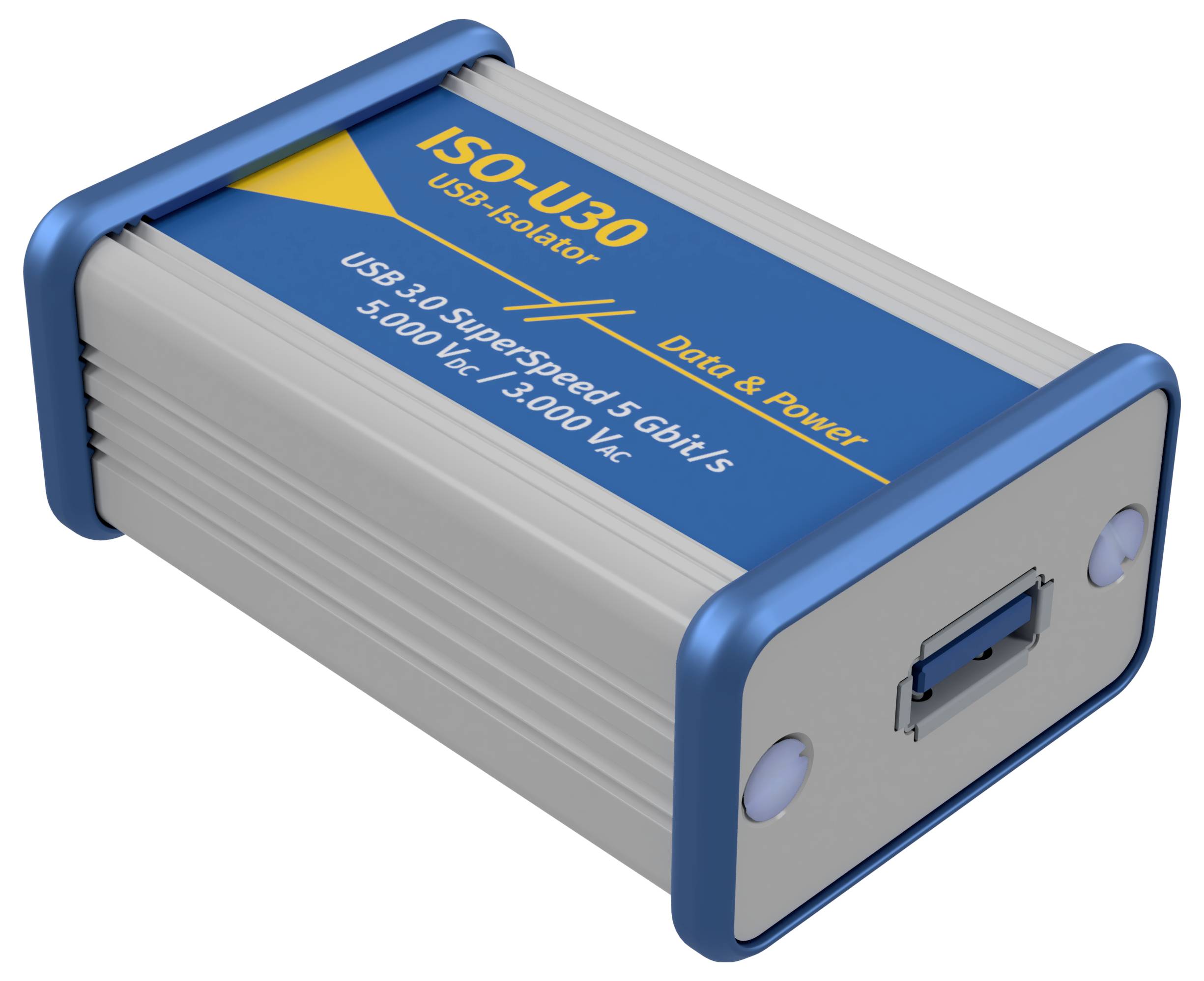 Ein USB-Isolator mit der Aufschrift 'ISO-U30'. Er bietet Datensicherheit und Stromisolation: USB 3.0 mit 5 Gbit/s, 5000 V, 3000 Vrms.