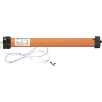 Elektrischer Rohrmotor, orange, mit Etikett und CE-Kennzeichnung. Kabel mit vier Adern angeschlossen. Geeignet für Jalousien.