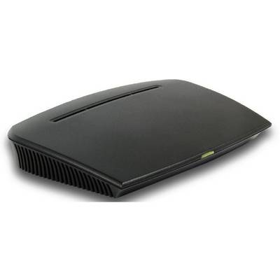 Schwarzer, flacher WLAN-Router mit leicht gewölbtem Oberteil und schmalen Lüftungsschlitzen an den Seiten.