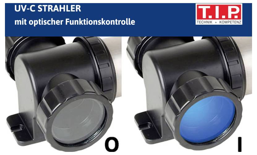 Zwei Ansichten eines UV-C Strahlers mit optischer Funktionskontrolle. Links zeigt 'O' ausgeschaltet, rechts zeigt 'I' eingeschaltet.