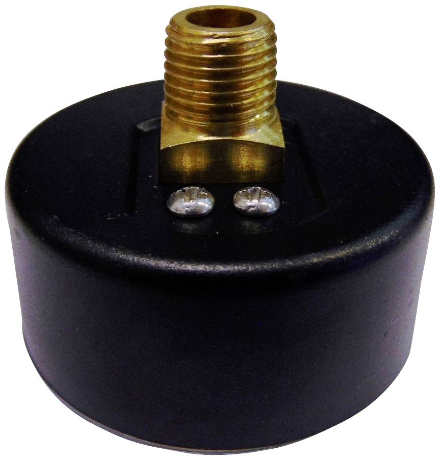 Rundes schwarzes Bauteil mit Messinggewinde und zwei sichtbaren Schrauben oben.