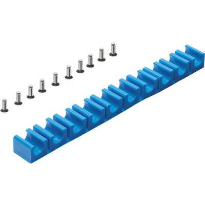 Ein blauer Kabelhalter mit 10 Kunststoffklemmen und 9 silbernen Schrauben zum Befestigen auf verschiedenen Oberflächen.