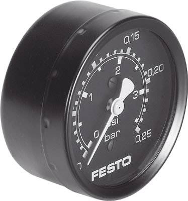 Das Bild zeigt ein schwarzes Manometer von Festo, das den Druck in bar und psi anzeigt. Der Zeiger steht bei 0,15 bar und 2 psi.