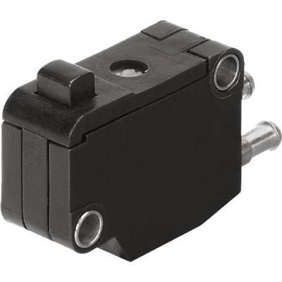 Ein schwarzer Mikroschalter mit zwei metallischen Anschlüssen sichtbar. Er wird häufig in elektronischen Geräten zur Steuerung verwendet.