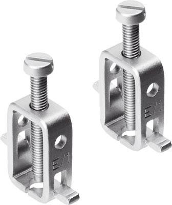 Zwei silberne Schraubklemmen aus Metall, geeignet zur Fixierung oder Verbindung von Teilen.