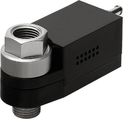 Schwarzer, rechteckiger elektrischer HF-Drucksensor mit einem Gewindeanschluss und Lüftungslöchern, für industrielle Anwendungen.