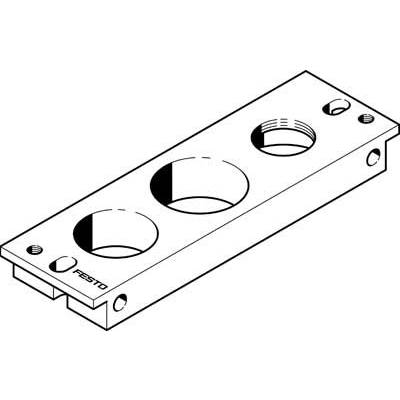 Ein technisches Diagramm einer rechteckigen Platte mit drei runden Aussparungen und verschiedenen Befestigungspunkten.