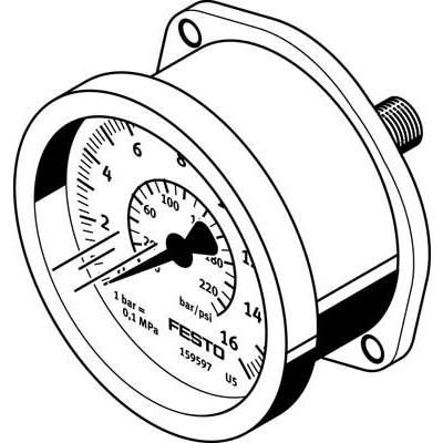Manometeranzeige mit Skala von 0 bis 16 bar und PSI-Einheiten. Hersteller-Logo 'Festo' im unteren Bereich.