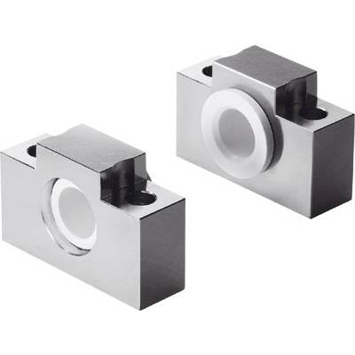 Zwei silberne Linearlagerblöcke aus Metall in rechteckiger Form. Sie haben eine zentrale Öffnung zur Aufnahme von Wellen.